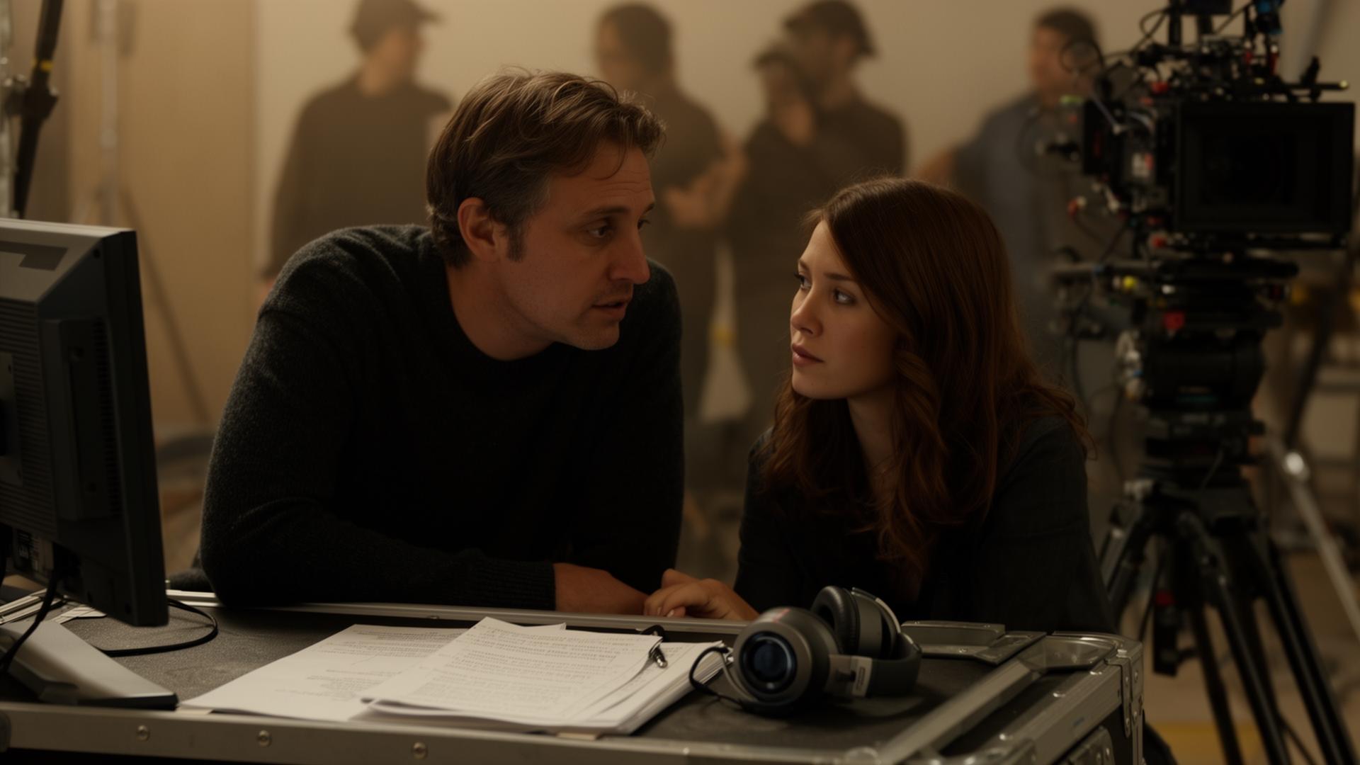 Director and creative collaborator in a focused conversation beside a monitor on a film set