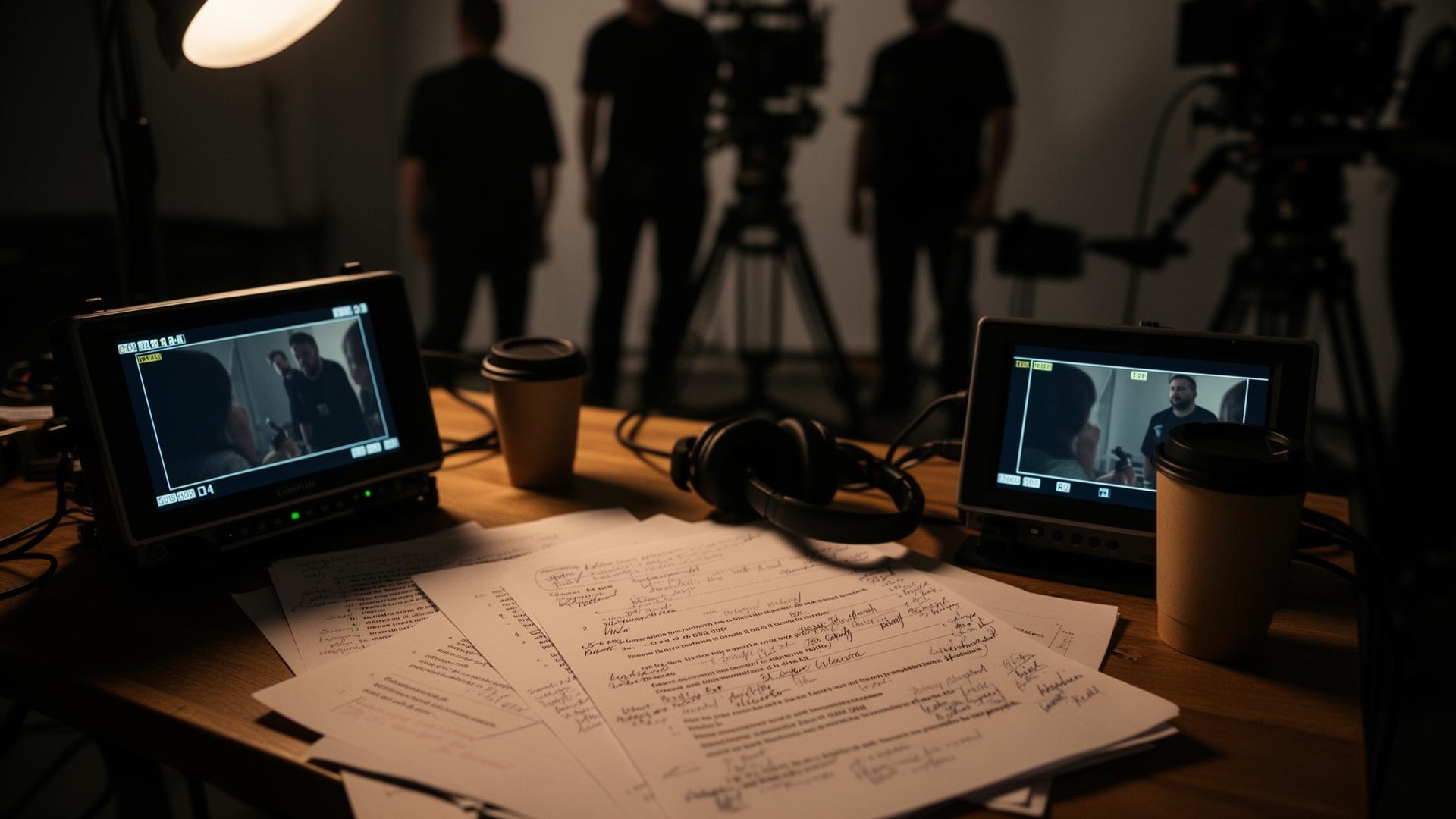 Director's monitors, annotated script pages, and headphones on a production table with crew silhouettes near camera equipment